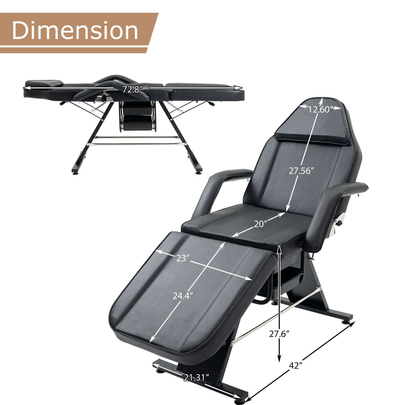 Metal Massage Salon Tattoo Chair dimensions with measurements displayed in black.
