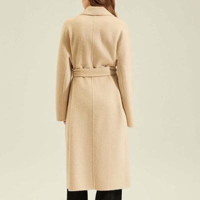 Back view of a Women's Camel Coat Reversible Woolen Jacket in solid white camel color.
