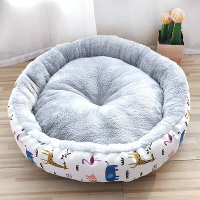 Dog And Cat Litter Padded With Round Cotton in soft gray with cartoon animal patterns for pets comfort.