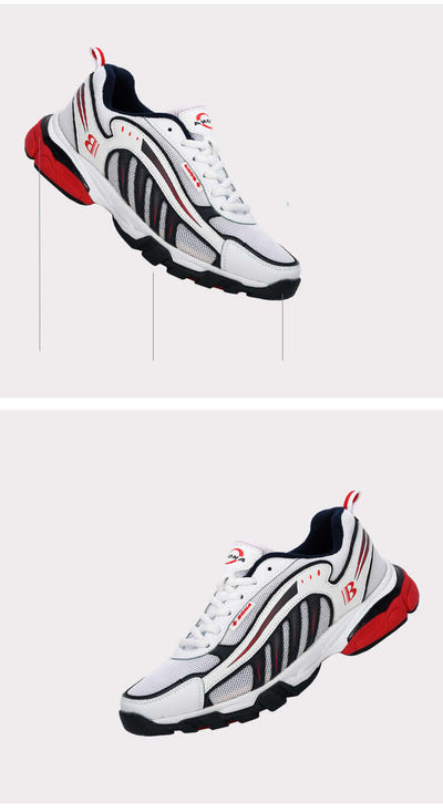 Genuine Leather Men's Sneakers Men's Hiking Shoes Running in white, black, and red colorway with sporty design.