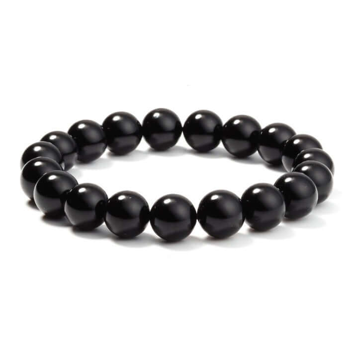 Black Onyx Bracelet featuring smooth 8MM black agate beads on an elastic cord for women.