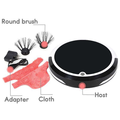Smart home sweeping robot accessories including round brush, adapter, cloth, and host.