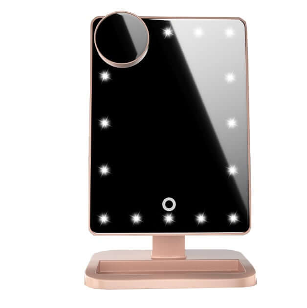 Touch Screen Makeup Mirror With 20 LED Light Bluetooth Music Speaker 10X Magnifying Mirrors Lights in black and rose gold design