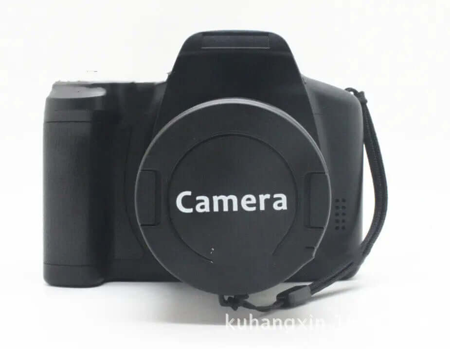 XJ05 Digital Video Camera showing the front view with lens cap and strap for secure handling.