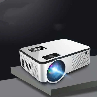 HD Home Multi-function Projector 1080P Home on a gray surface with colorful lens projection.