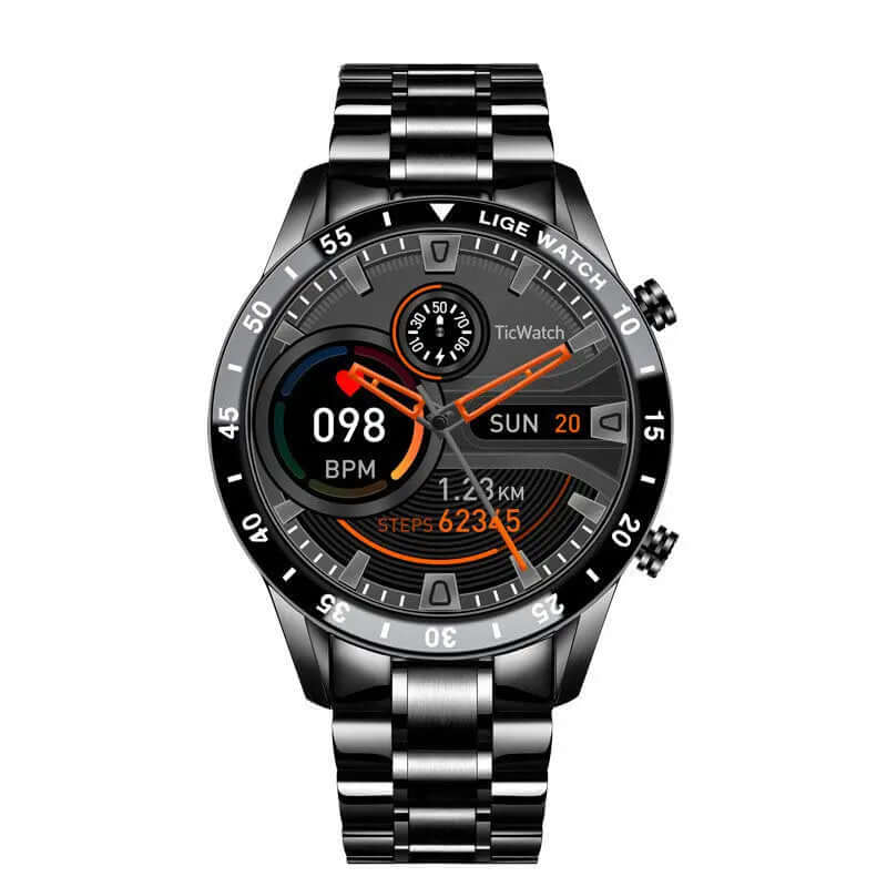 Multifunctional Smart Watch  Bluetooth Call  Pedometer Blood Pressure And Heart Rate Detection Waterproof Watch on a stainless steel strap.