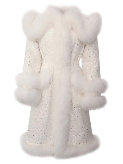 Women's Graceful And Fashionable Fox Fur Down Jacket Beaded Coat featuring a luxurious white fur collar and embellishments.