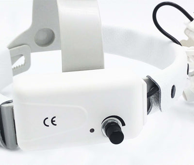 Head-mounted Medical Magnifying Lens LED Spotlight showing white headset with adjustable brightness and control knob.