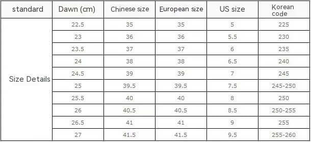 Size chart for New Heavy Industry Color Boots Women showing various sizes and conversions.