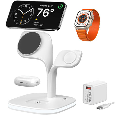 5-in-1 Magnetic Real Wireless Desktop Fast Charging Station For Multiple Devices with phone, watch, and earbuds.