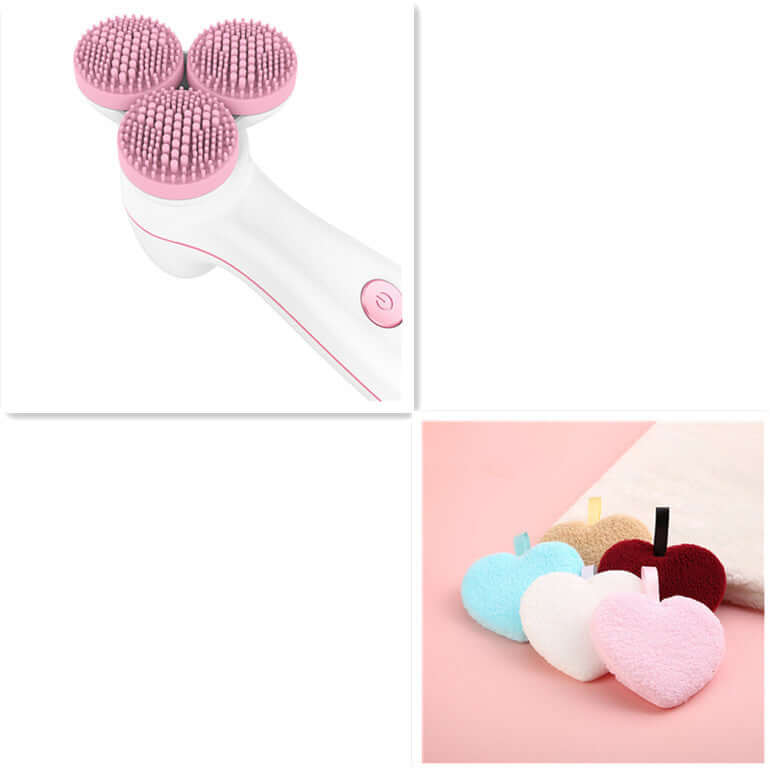 3D Smart Massage Cleanser Electric Cleanser Electric Silicone Facial Cleanser with silicone bristles and assorted heart sponges.