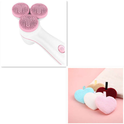 3D Smart Massage Cleanser Electric Cleanser Electric Silicone Facial Cleanser with silicone bristles and assorted heart sponges.