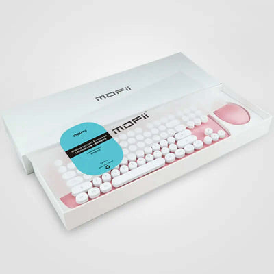 Wireless Keyboard And Mouse Set Girls Color Retro in packaging showing pink and white design.