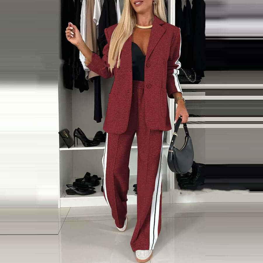 Women's Casual Suit Lapel Single-breasted Jacket And Striped Straight Pants Fashion Sports Trousers Suit Outerwears Clothing
