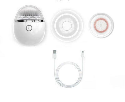 Ultrasonic electric face washer and accessories, including brush heads and USB charging cable.
