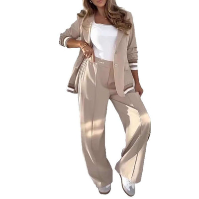2 Pcs Set Women Suit Coat Pants Suit Lapel Long Sleeves Lady Jacket Wide Leg High Waist Trousers Female Commuting Office Outfit
