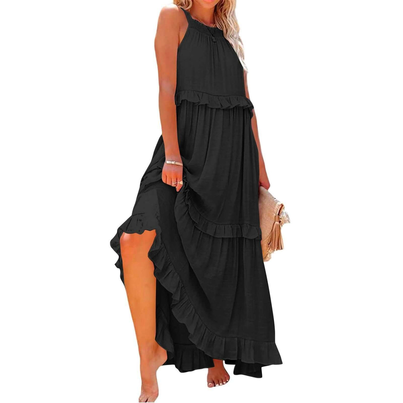 Summer Vacation Style Halter Neck Long Dresses Women Fashion Backless Leace-up Loose Ruffles Beach Dress Elegant Ladies Vestidos