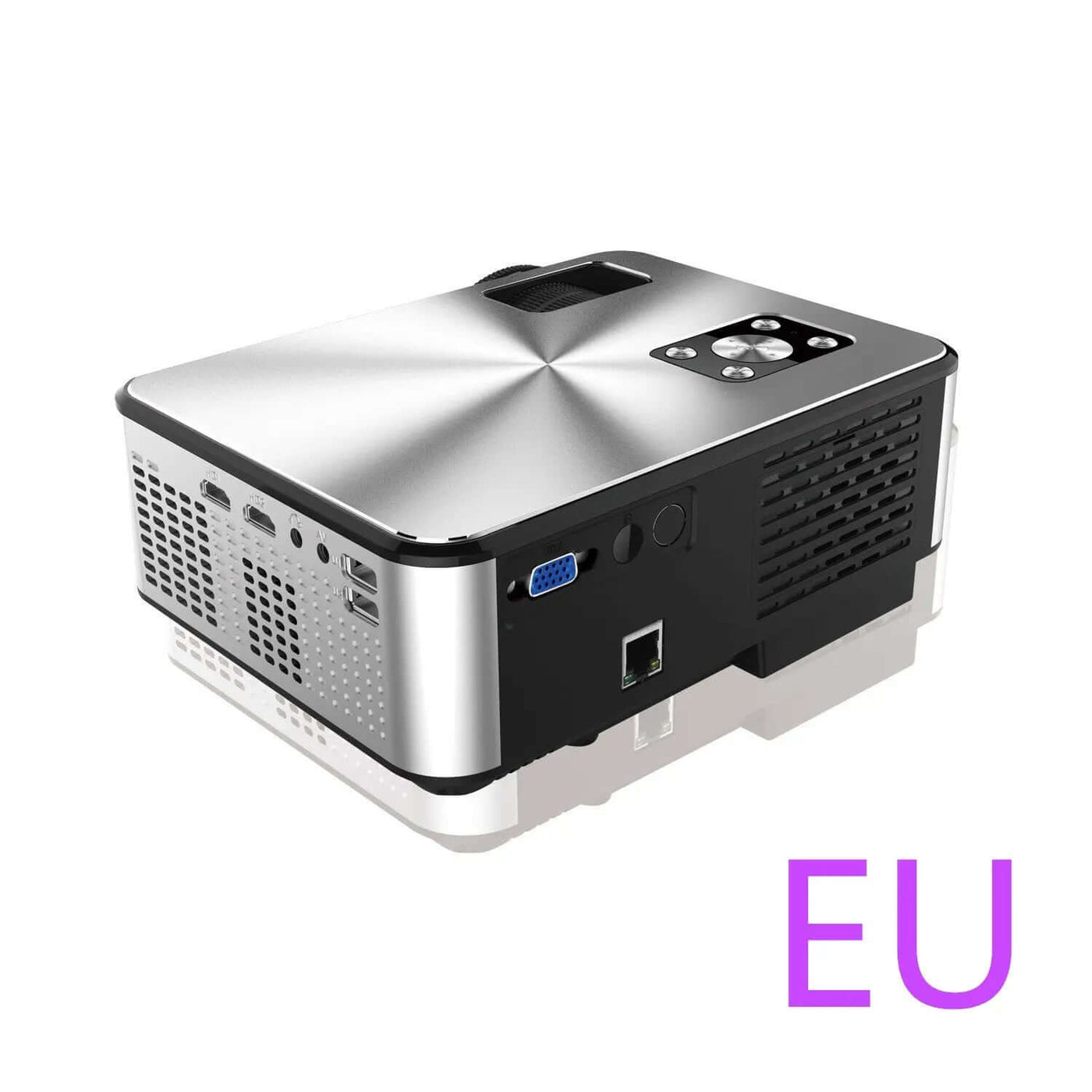 HD Home Multi-function Projector 1080P Home showing top view with multiple input interfaces.
