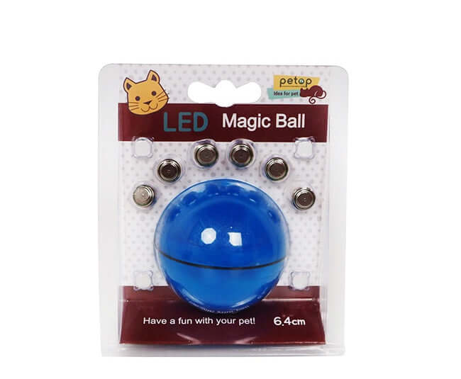 LED Laser Electronic Rolling Pet Funny Cat Toy Ball in blue packaging with batteries and cat motif.