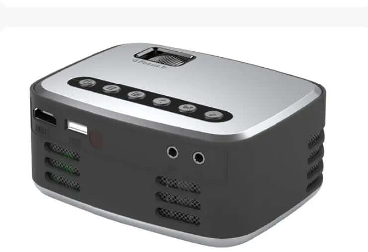 Mini Projector Led Home Theater Video Beamer Black showcasing its design and connectivity options.
