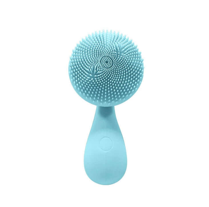 Electric face washer in soft blue silicone for cleansing and massage, designed for waterproof use.