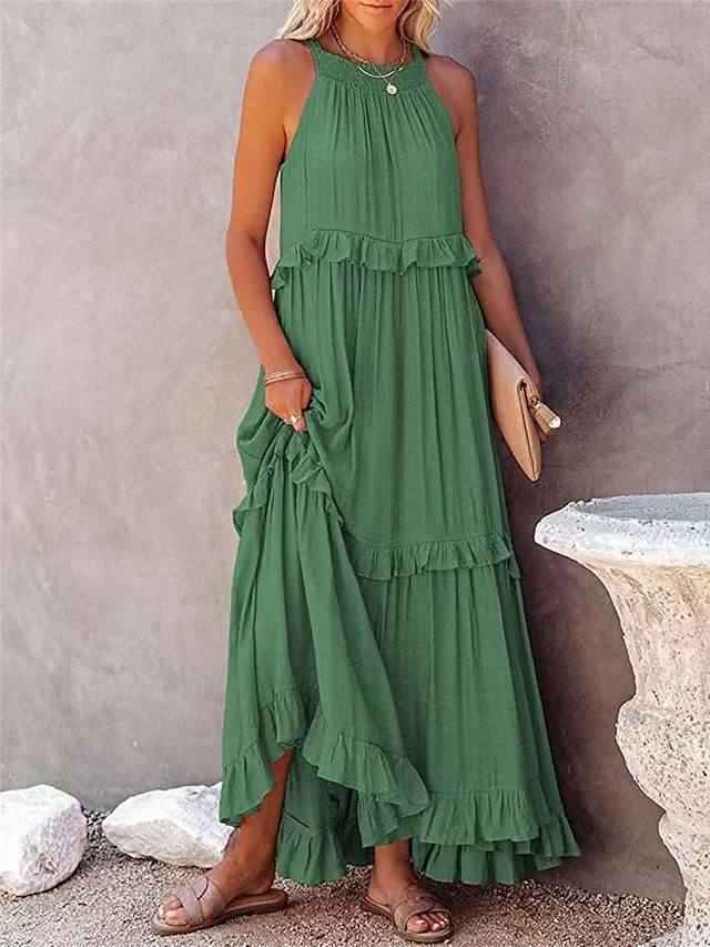 Summer Vacation Style Halter Neck Long Dresses Women Fashion Backless Leace-up Loose Ruffles Beach Dress Elegant Ladies Vestidos