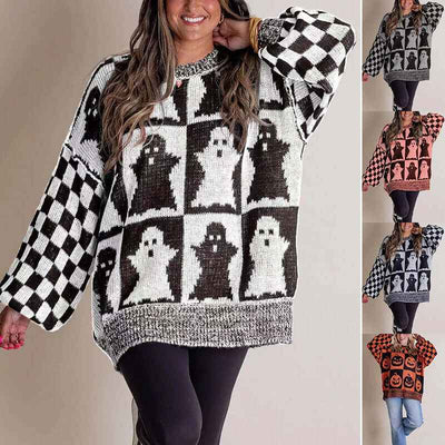 Halloween Ghost Pullover Sweater - Comfy Knit Tops for Fall