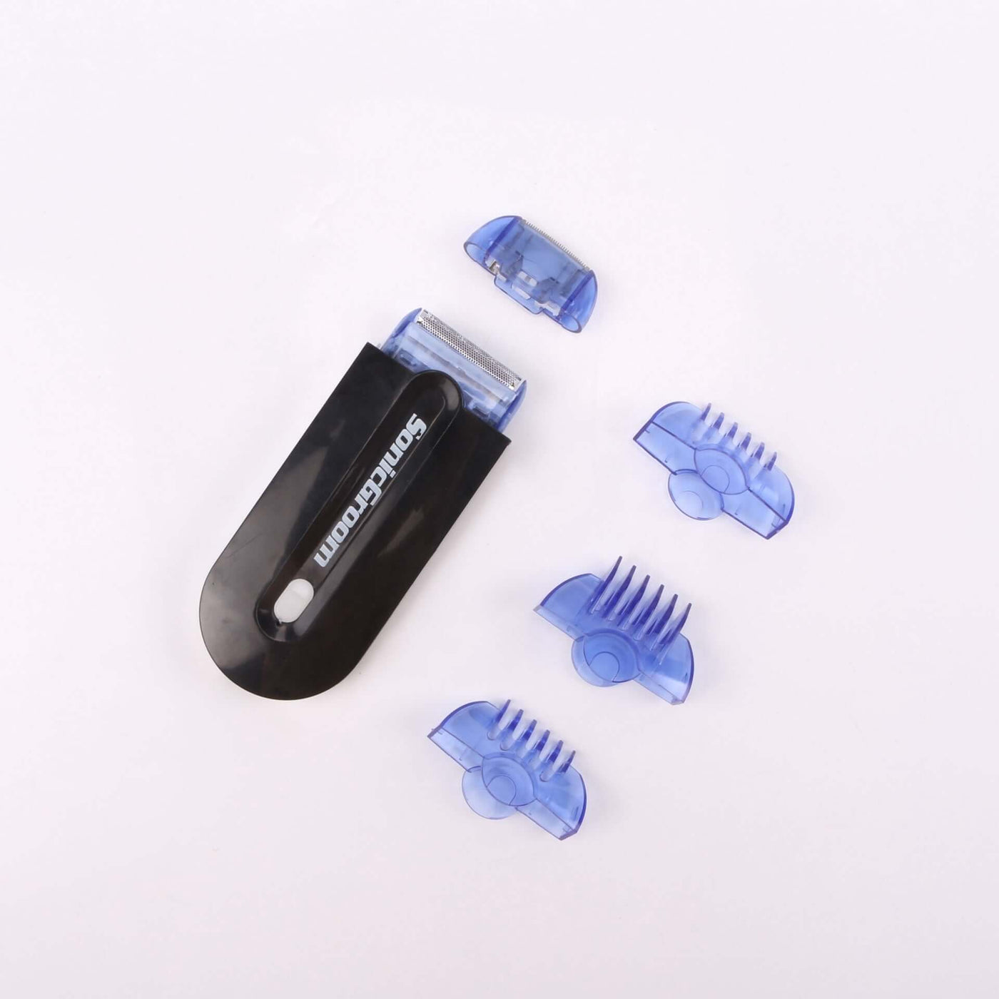 Electric Hair Removal Instrument Laser Hair Removal Shaver with multiple comb attachments in blue.