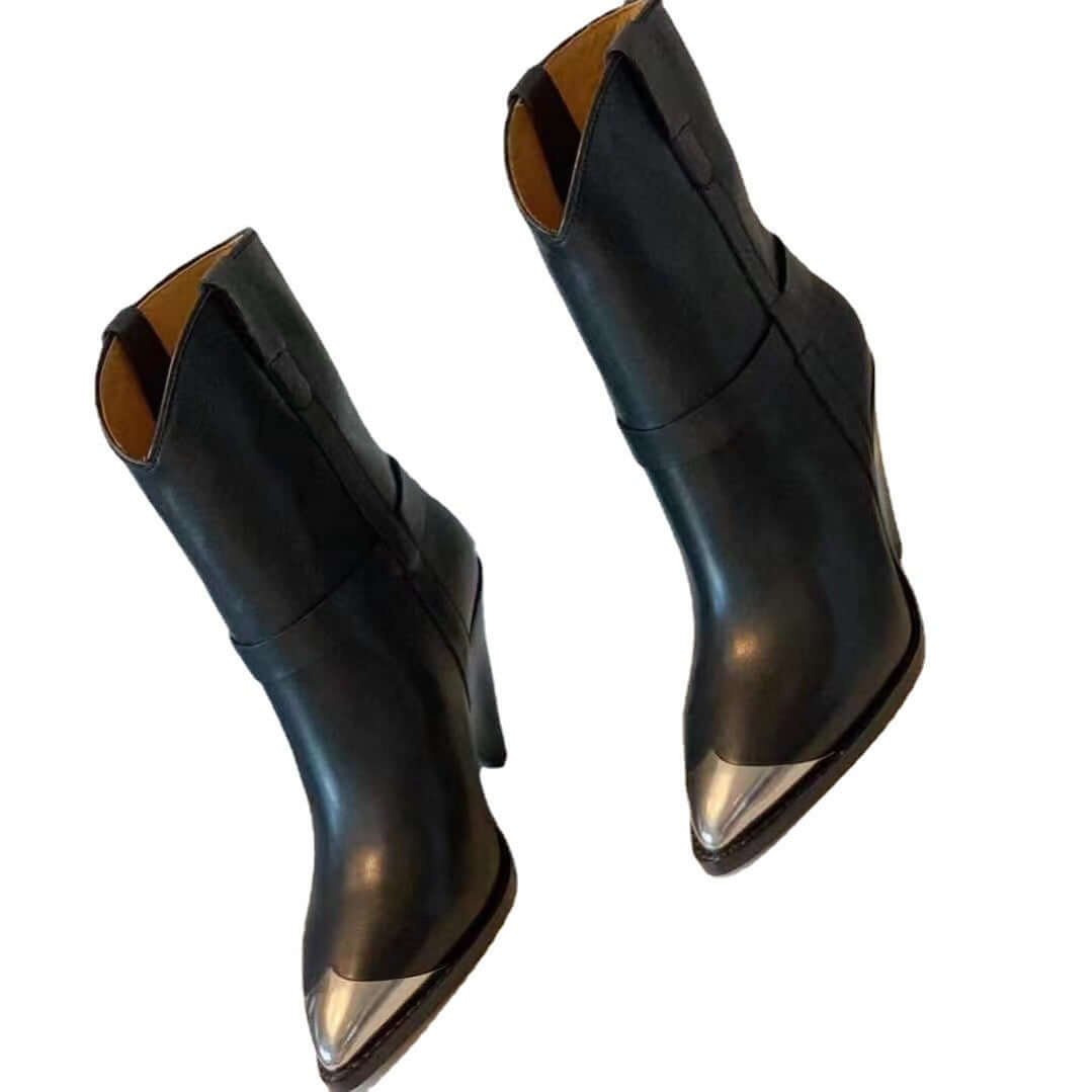 New High Heel Low Tube Pointed Toe Women's Boots Personality in black leather with a stylish pointed toe.