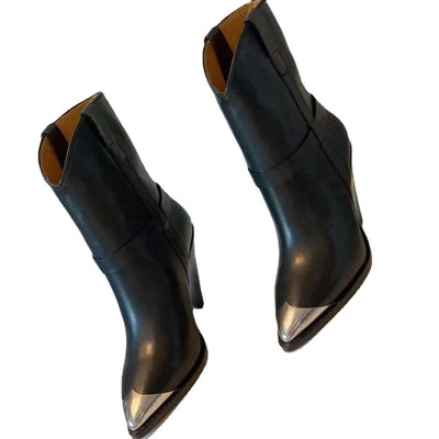 New High Heel Low Tube Pointed Toe Women's Boots Personality in black leather with a stylish pointed toe.