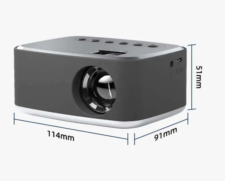 Mini Projector Led Home Theater Video Beamer Black dimensions with a sleek black design, 114mm x 91mm x 51mm.