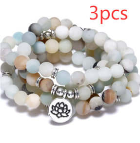 Tiger Eye Stone Bracelet Necklace 108 Buddha Beads Lotus Bracelet, set of 3pcs with natural stones and lotus charm.