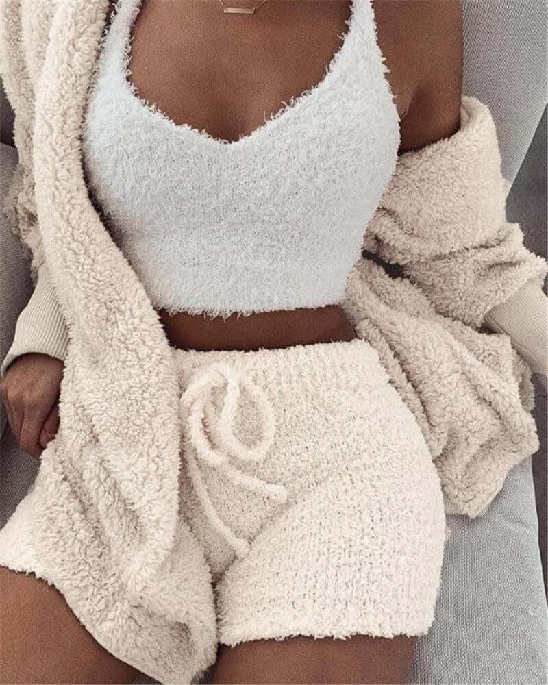 Womens Long Sleeve Crop pajama set and Drawstring Shorts Pajama Set in soft white fabric, stylish and comfortable for cozy nights.