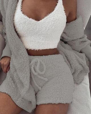 Womens Long Sleeve Crop pajama set. And Drawstring Shorts Pajama Set in gray, featuring a cozy vest and matching shorts.