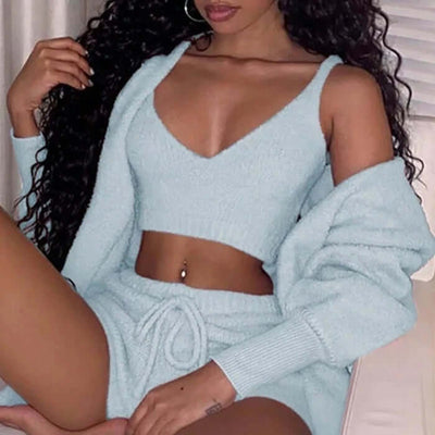 Womens Long Sleeve Crop pajama set. And Drawstring Shorts Pajama Set in light blue color, featuring a soft vest and cozy shorts.