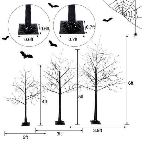 3 Pack Halloween Spooky Tree With Purple Lights, 4FT 5FT And 6FT, Lighted Black Tree For Halloween Decoration