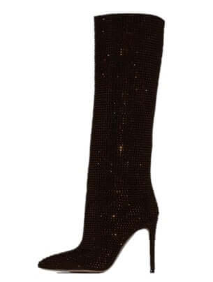 Women's Fashion Pointed Toe Stiletto Rhinestone Tall Boots in black rhinestone high tube design.
