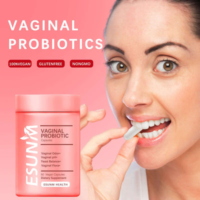 Food Health Care Female Culturelle LGG with vaginal probiotics in a pink container, woman smiling and taking a capsule.