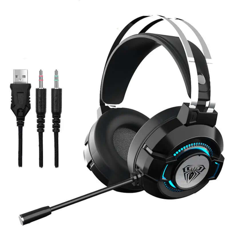 Noise-canceling headphones for gaming games with omnidirectional microphone and colorful lighting.