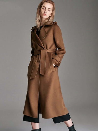 Fashionable Long Knee Length Woolen Jacket in caramel color with a stylish suit collar and lace-up pockets.