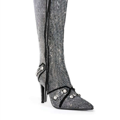 Needle Buckle Rhinestone Oversized Boots featuring a pointed toe and slim heel in a glamorous silver design.