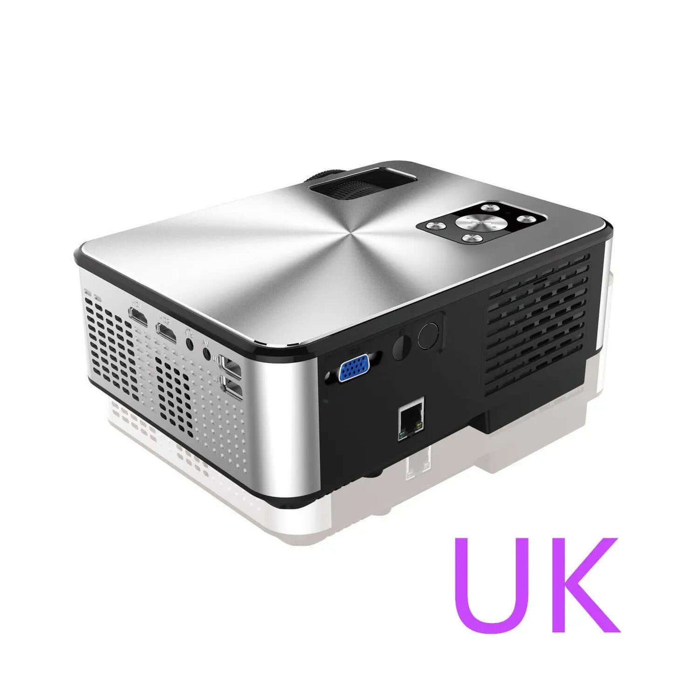 HD Home Multi-function Projector 1080P Home showing side view with input interfaces and sleek design.