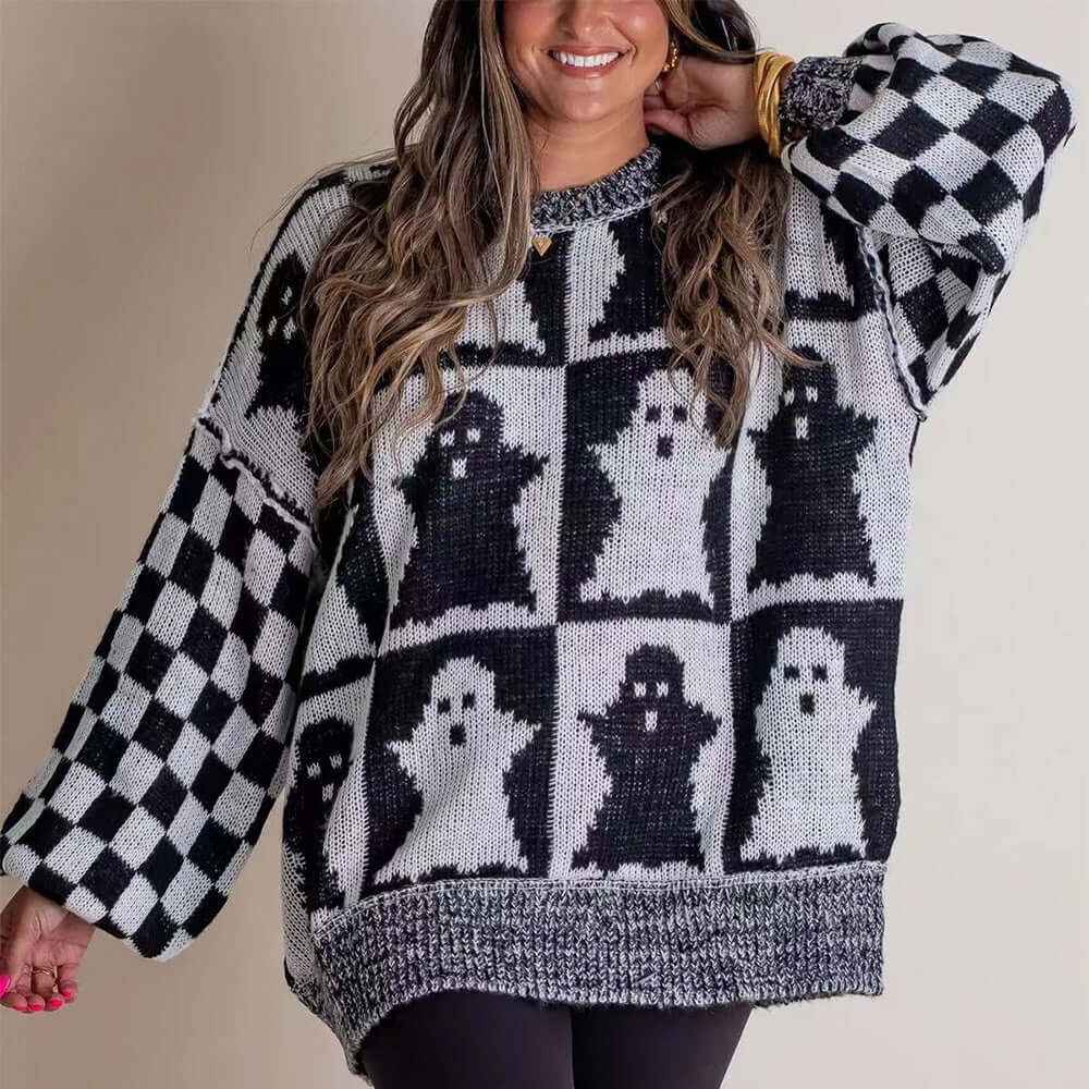 Halloween Ghost Pullover Sweater - Comfy Knit Tops for Fall