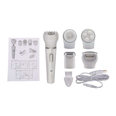 5 in 1 Multi-Functional Portable Face and body Skin Care Electric Massager Scrubber with Facial Latex Brush accessories and manual.