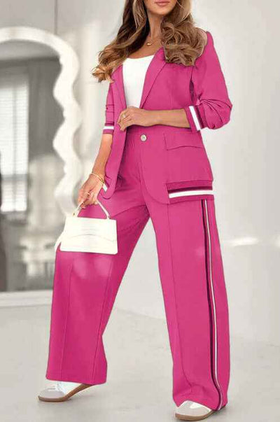 2 Pcs Set Women Suit Coat Pants Suit Lapel Long Sleeves Lady Jacket Wide Leg High Waist Trousers Female Commuting Office Outfit