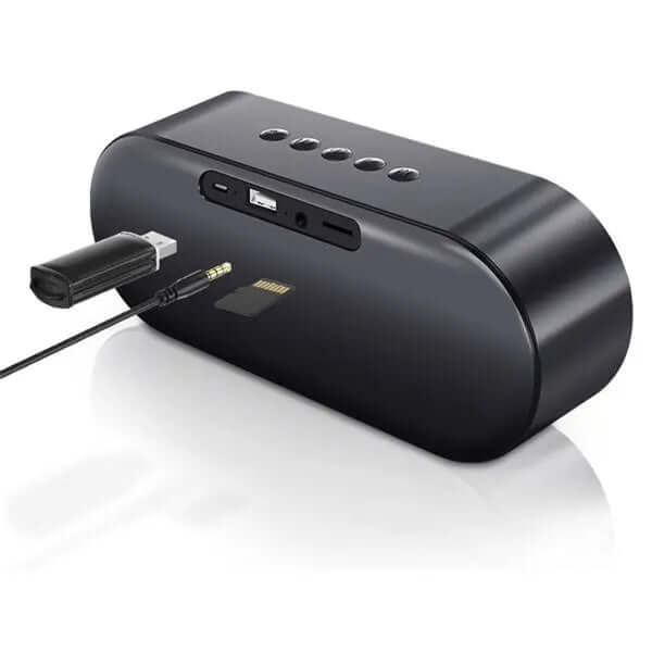 Wireless bluetooth speaker with USB and TF card connections, showing buttons and ports on the back.