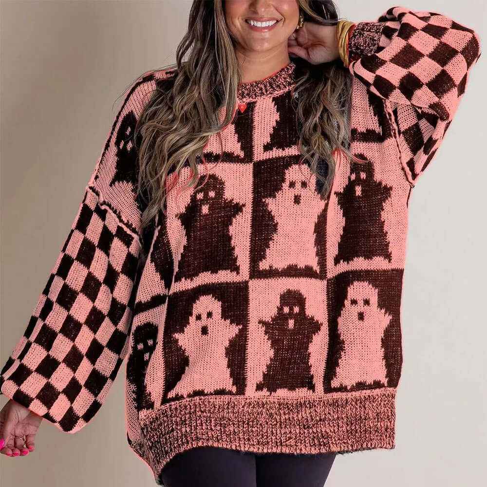 Halloween Ghost Pullover Sweater - Comfy Knit Tops for Fall