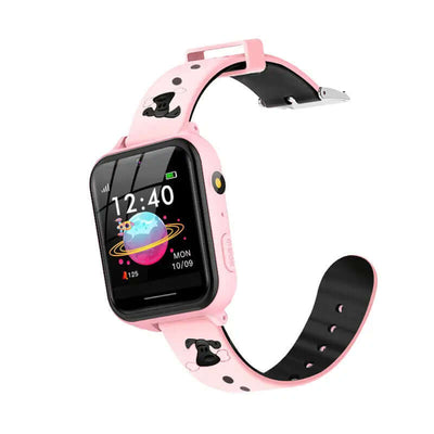 Children's Telephone Watches Are Built In Many Languages in pink silicone with touch screen and playful design.