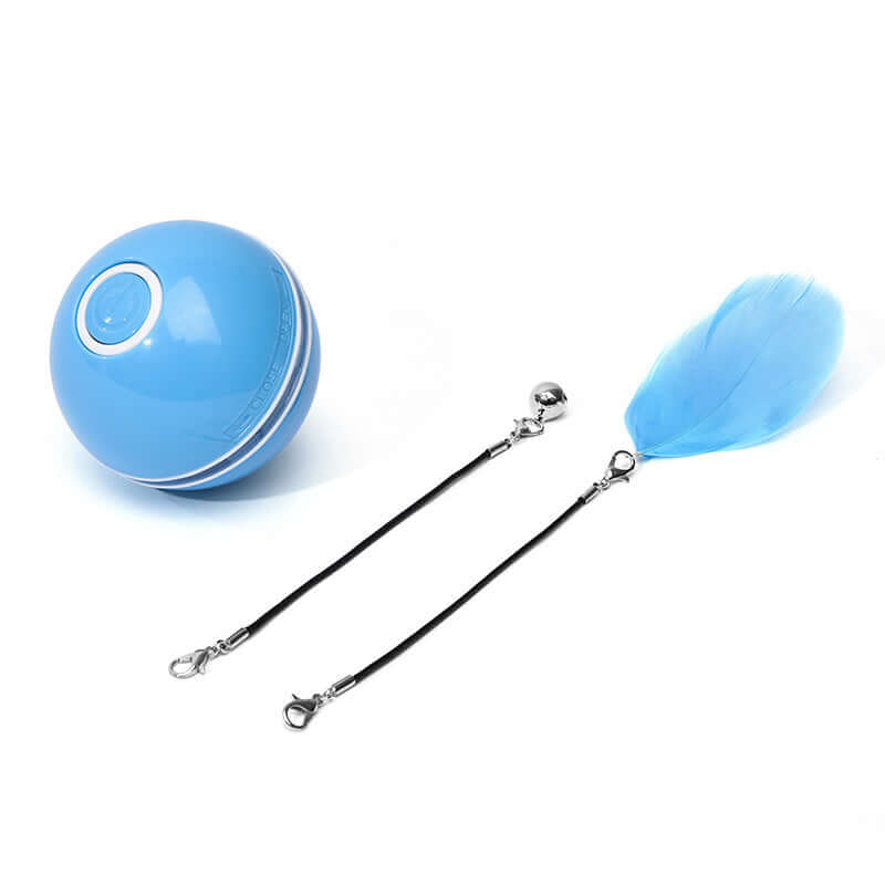 LED Laser Electronic Rolling Pet Funny Cat Toy Ball with feather and bell attachments in blue color.
