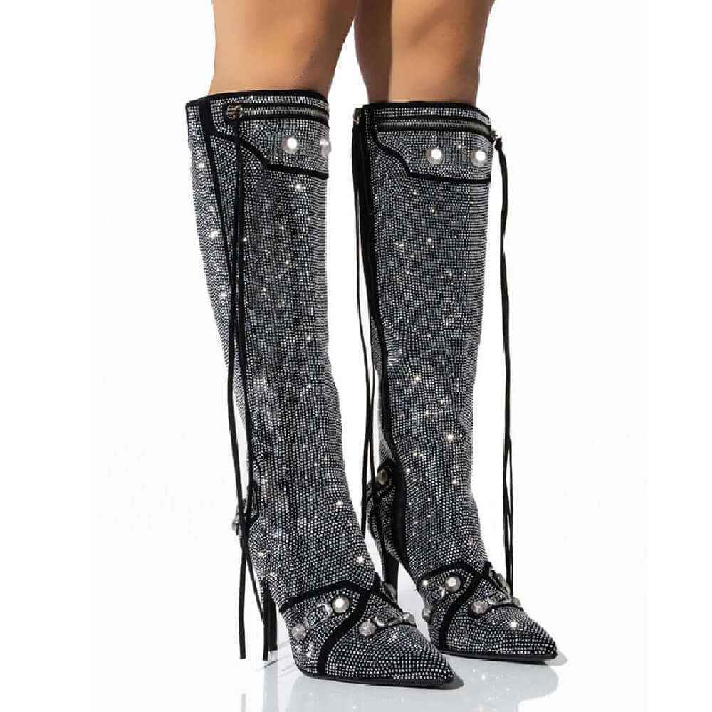 Oversized Boots - Needle Buckle Rhinestone Style